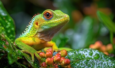 Obraz premium Colorful Green Lizard on Lush Leaves