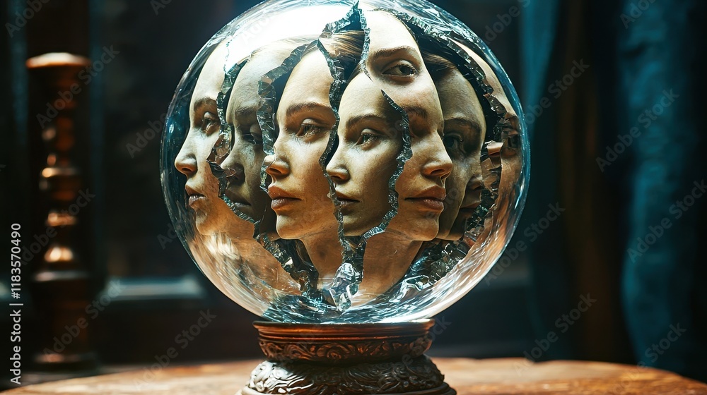 Poster a mystical glass orb reflects multiple faces, creating an ethereal and thought-provoking visual expe