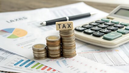 Tax in wooden blocks on stacks of coins with placed on financial documents and charts government state taxes, data analysis, paperwork, financial research and report