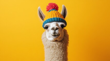 Under a bright sun, a charming llama wears a colorful, playful hat that adds to its personality. The cheerful ambiance is perfect for a fun-filled day outdoors, evoking laughter