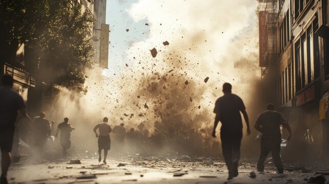 The chaotic city streets with collapsed buildings, cracks splitting the asphalt, and panicked residents running around background wallpaper AI generated image