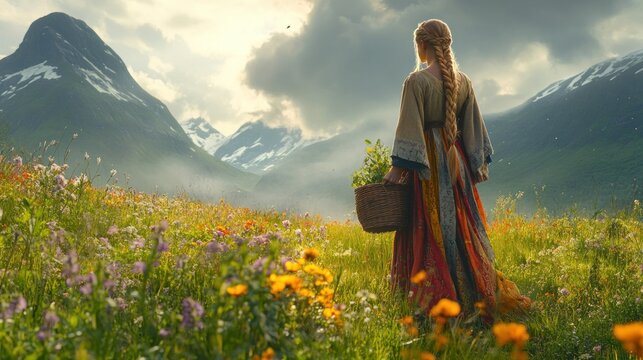 A Viking woman carrying a basket of herbs and flowers, standing in a lush meadow background wallpaper AI generated image