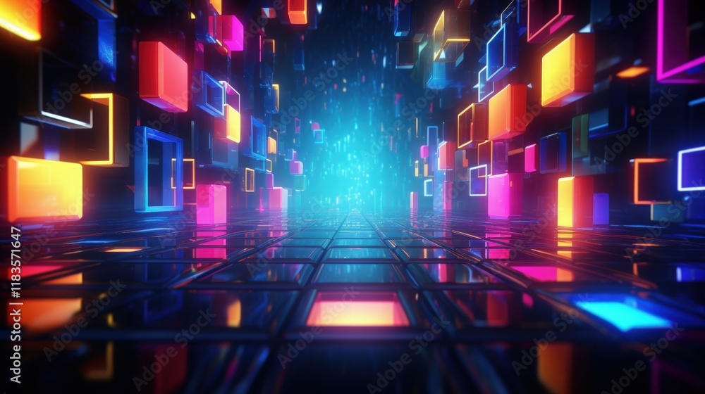 Poster abstract neon geometric shapes reflective pathway with colorful squares in futuristic digital enviro