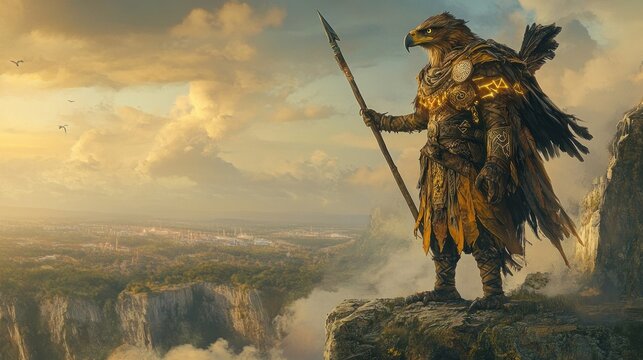 An eagle warrior wearing armor holding a spear and standing on the edge of a cliff, background wallpaper AI generated image