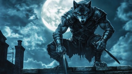 Naklejka premium A wolf ninja with twin daggers strapped to his side, crouched on the roof of a castle under the moonlight, background wallpaper AI generated image