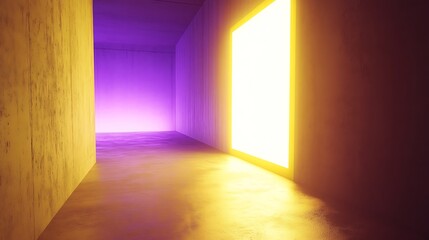 Abstract Neon Corridor with Glowing Yellow Portal