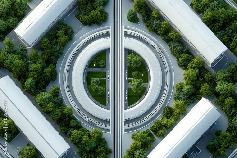 Poster architecture aerial plan concept. modern architectural design featuring circular layout and greenery