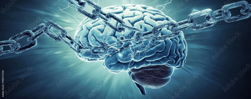 Aufkleber a digital depiction of a brain entwined in chains, symbolizing mental constraints and the struggle f