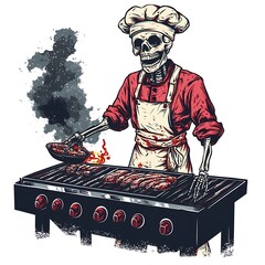 Skeleton chef grilling barbecue