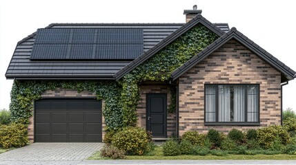 Obraz premium Eco-Friendly Brick House with Solar Panels and Lush Ivy
