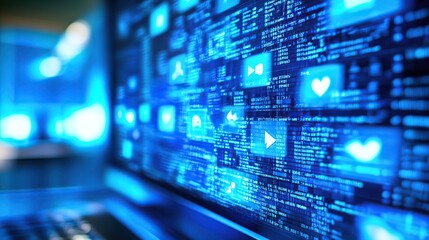 Fototapeta premium Laptop screen displays glowing blue digital code and social media icons.