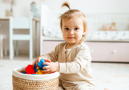 Caucasian toddler playing with colorful blocks in nursery room - Powered by Adobe