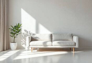 White sofa with elegant interior and potted green plants