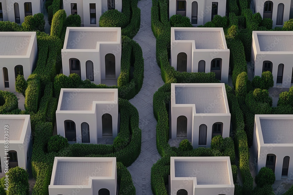 Poster architecture aerial plan concept. aerial view of modern structures surrounded by greenery pathways.