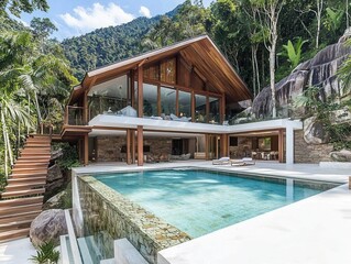 travel culture accommodation Concept. Modern luxury villa with a pool surrounded by lush greenery and mountains.