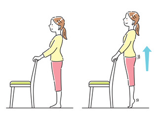 椅子を使って足のストレッチをする若い女性