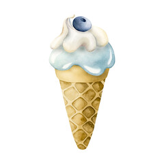 Cute ice cream waffle cone with blueberry. Watercolor food illustration isolated on white background for kids birthday