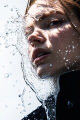 Minimalist Portrait of a Woman with Water Reflections on Her Face