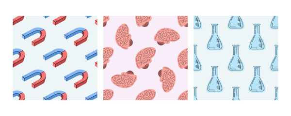 Seamless patterns with magnets, brains, and flasks in flat doodle style