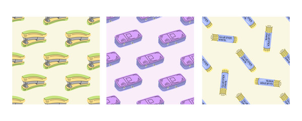 Seamless patterns with staplers, pencil cases, and glue sticks in flat doodle style