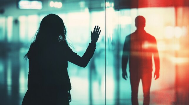 A touching goodbye at the airport terminal, a woman presses her hand against the glass as a man walks towards the gate background wallpaper AI generated image