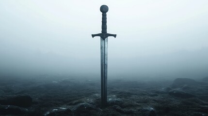 Naklejka premium A medieval longsword rested upright on the misty ground of the battlefield, background wallpaper AI generated image