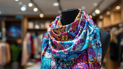 Naklejka premium Colorful Paisley Pattern Scarf Displayed on Mannequin in Stylish Store Interior