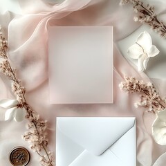 A top-view mockup of a thin, clear acrylic invitation card with dimensions of 5 x 7 inches. The card is ultra-thin, fully transparent, and rectangular, placed flat on a soft pastel background