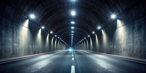 Dark tunnel with LED lights glowing through the concrete, highway, night, highway