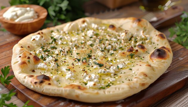 A simple and delicious flatbread pizza topped with feta cheese, garlic, parsley, and olive oil.
