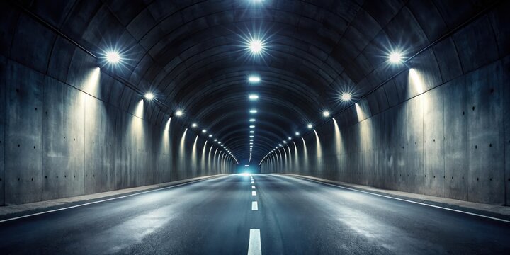 Fototapeta Dark tunnel with LED lights glowing through the concrete, highway, night, highway