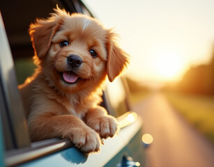 golden retriever puppy sitting in car