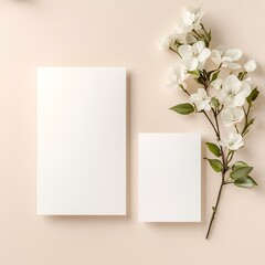 Mockup of 2 pages for a wedding invitation next to each other, on a clean cream background, without flowers