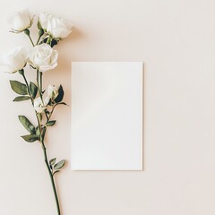 Mockup of an A5 blank card on a light beige solid background, white rose stems placed on one side, top view, minimal