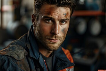 Obraz premium A close-up portrait of a mechanic showing determination with a focused expression and marks of hard work.