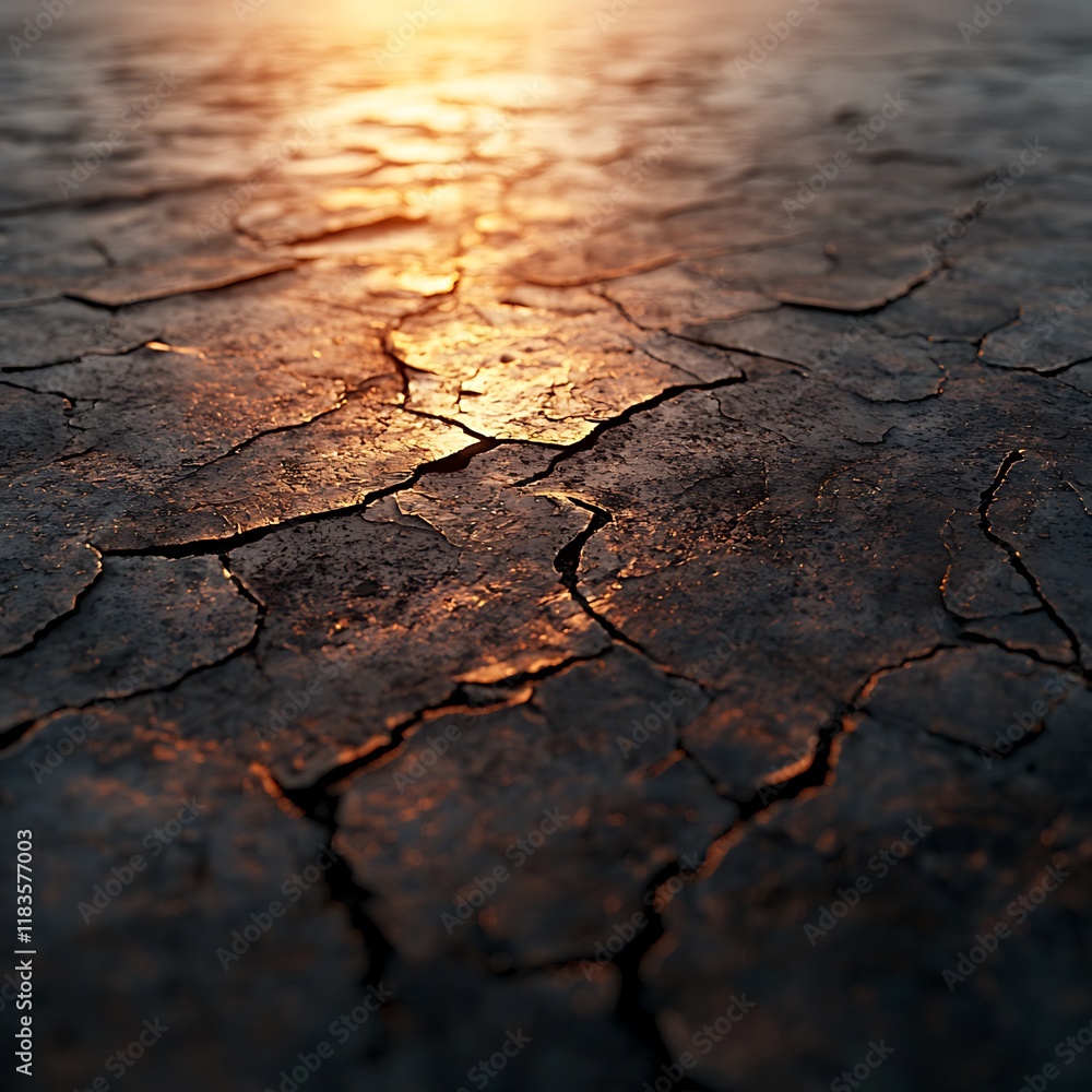 Poster a close-up view of cracked earth, illuminated by soft sunlight, showcasing textures and patterns cre