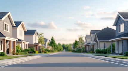 Naklejka premium A serene suburban street lined with modern houses, greenery, and a clear blue sky, illustrating a peaceful neighborhood atmosphere.