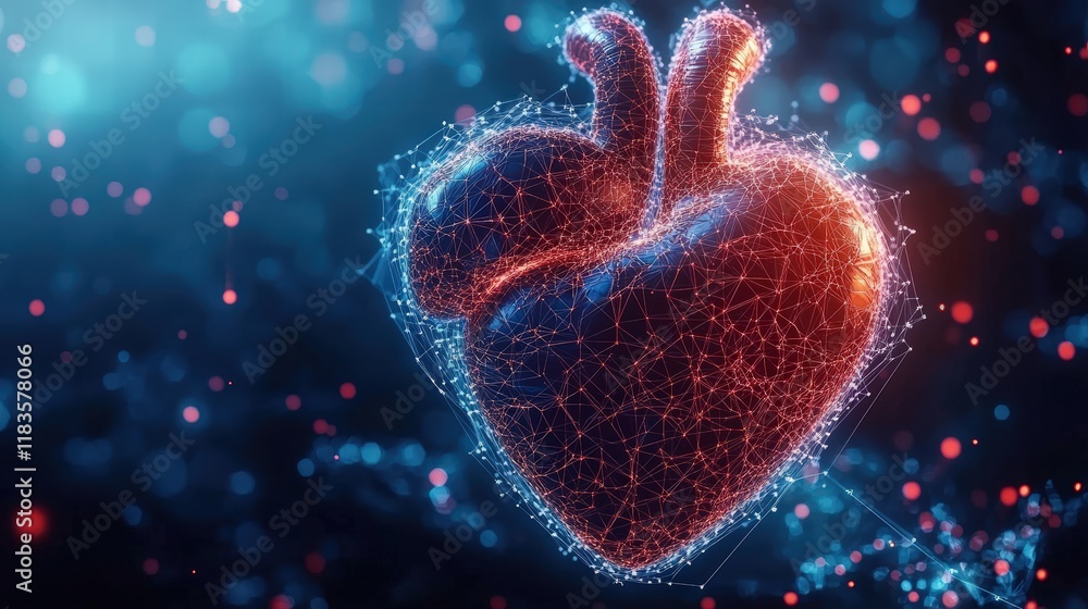 Poster abstract representation of a red heart with network connections in a digital space, evoking emotions