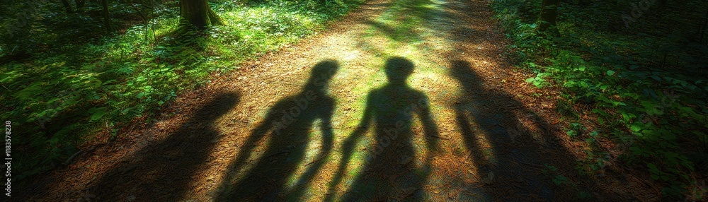 Poster shadows of three figures walking along a sunlit forest path, surrounded by lush greenery and dappled