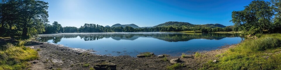 Obraz premium Serene View of Rydal Water in the Lake District: A Stunning Summer Morning Panorama Embracing Nature's Beauty