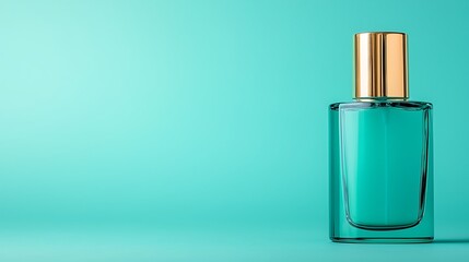 A sleek glass perfume bottle with a gold cap sits against a vibrant turquoise background, exuding elegance and freshness.