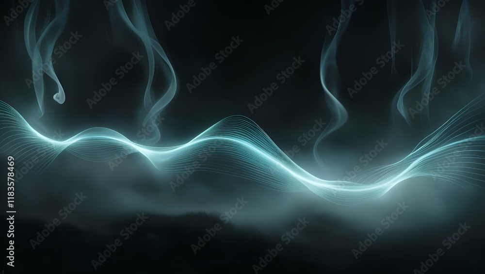 Poster abstract waves of light and shadow ripple through a dark, misty atmosphere, creating a surreal inter
