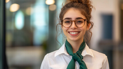 A smiling female bank employee and air hostess in a white shirt, showcasing hospitality with space for text.

