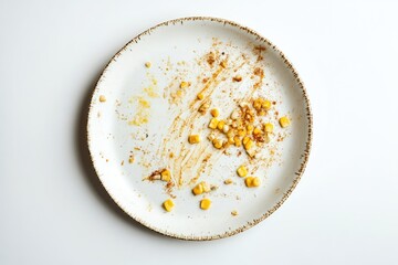 Leftover Delight: A Dirty Plate Featuring Corn Remnants on a White Surface