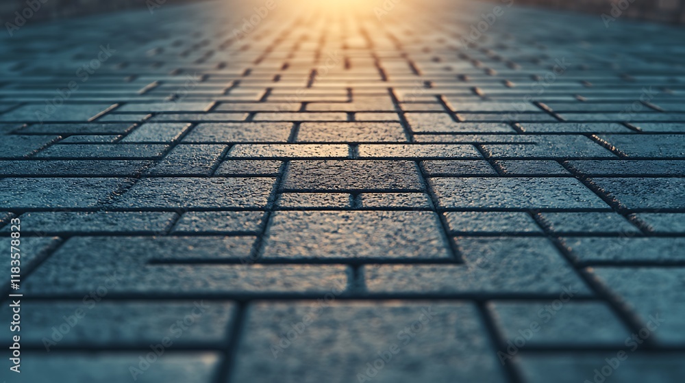 Poster a close-up view of a textured brick pathway illuminated by soft sunlight, showcasing the intricate p