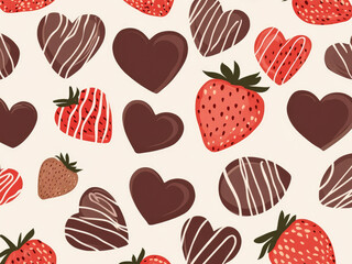 strawberry dipped in glossy melting chocolate with heart shapes and romantic splashes for valentine's day dessert background