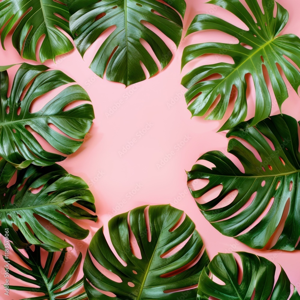 Poster tropical monstera leaves are making a frame on a pink background, creating empty space for text