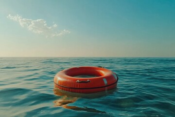 Fototapeta premium Rescue Aid: Life Buoy Floating on Ocean Waves for Beach Safety and Emergency Assistance