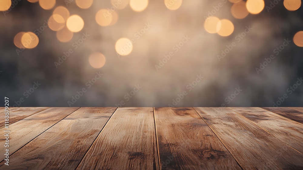 Poster a wooden tabletop with a blurred bokeh background, creating a warm and inviting atmosphere for vario