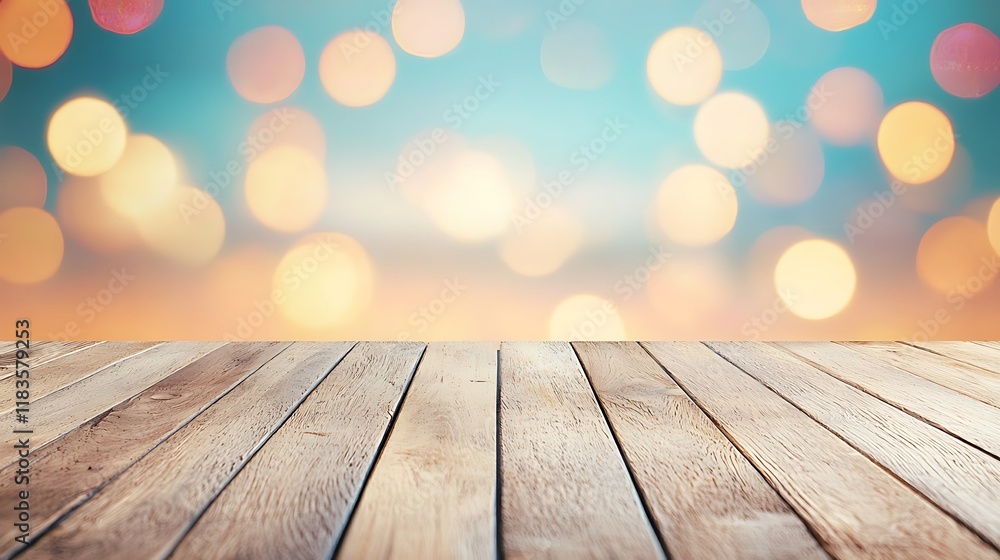Poster a wooden floor with a colorful bokeh background, creating a warm and inviting atmosphere suitable fo
